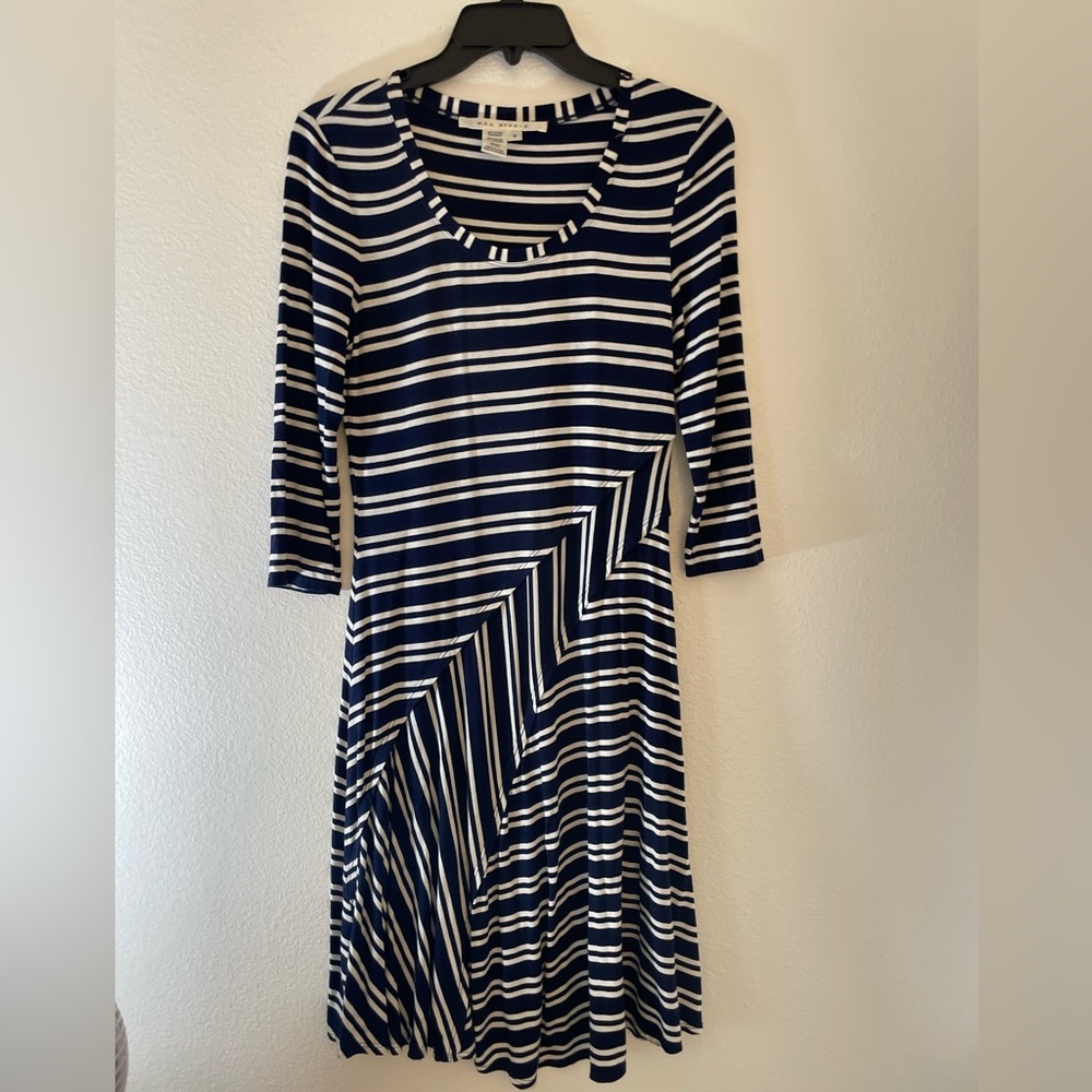 Max Studio, size small, blue and white stripped, fit and flare dress.